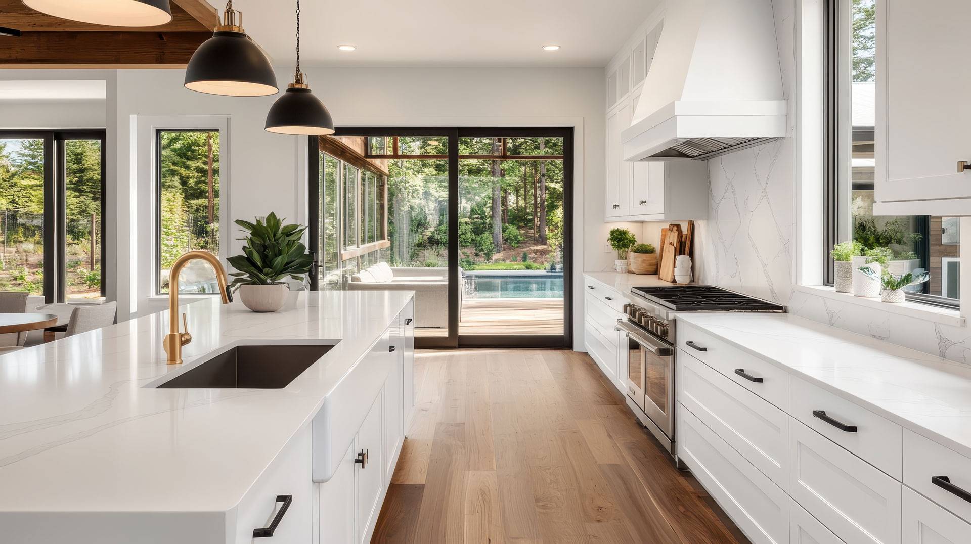 Cuisine moderne lumineuse avec vue sur jardin et piscine