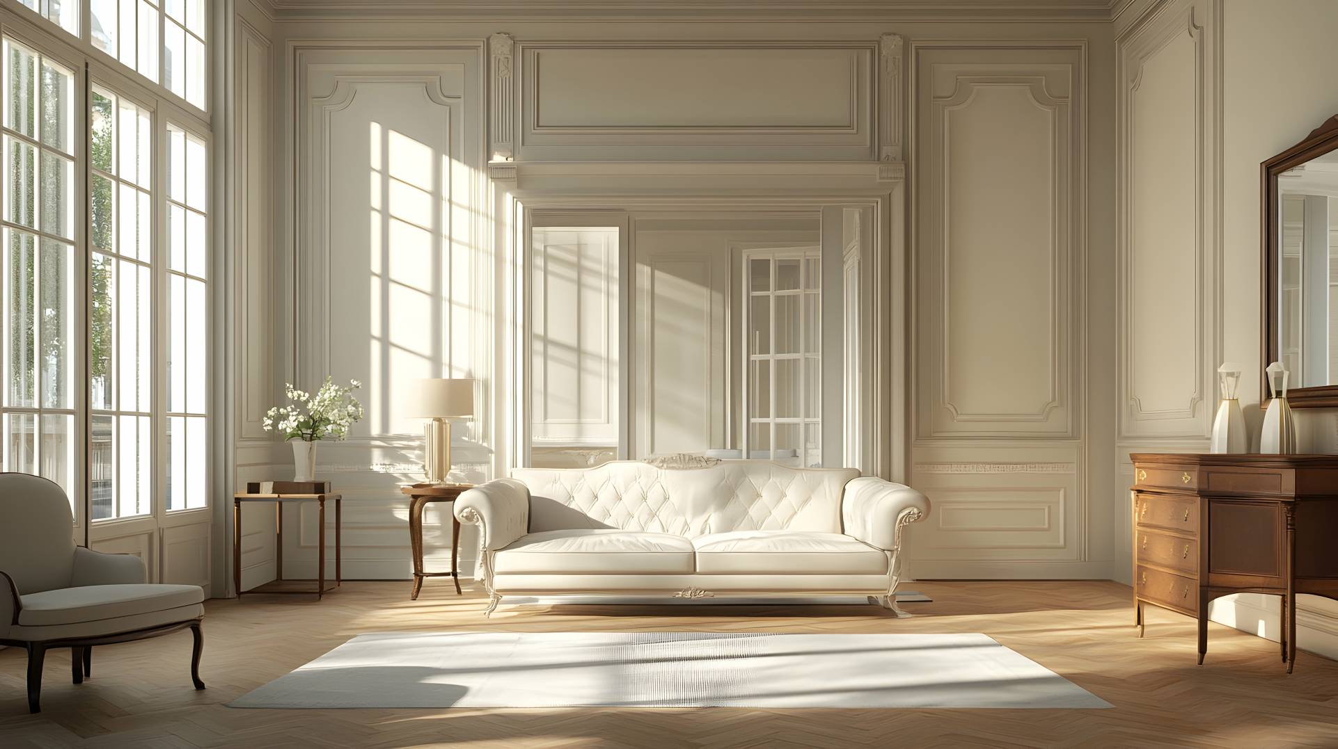 Salon élégant avec moulures classiques et mobilier raffiné – AJLP RENOV' collabore avec les architectes pour des rénovations haut de gamme