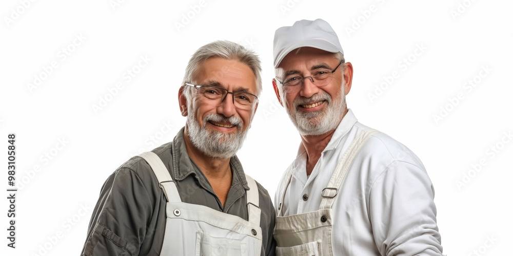 Deux artisans seniors souriants portant des salopettes de travail, posant sur un fond blanc. Image illustrant l'expertise et le professionnalisme.