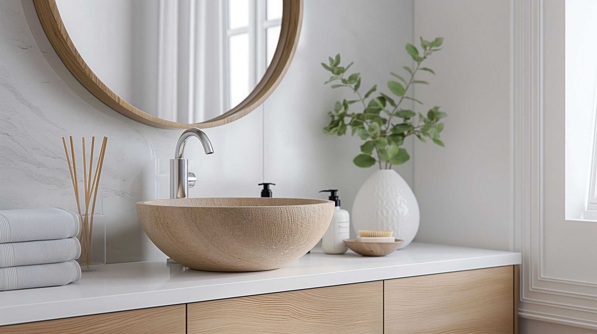 Salle de bain moderne avec vasque en pierre naturelle, miroir rond et décoration minimaliste – Rénovation haut de gamme par AJLP RENOV’