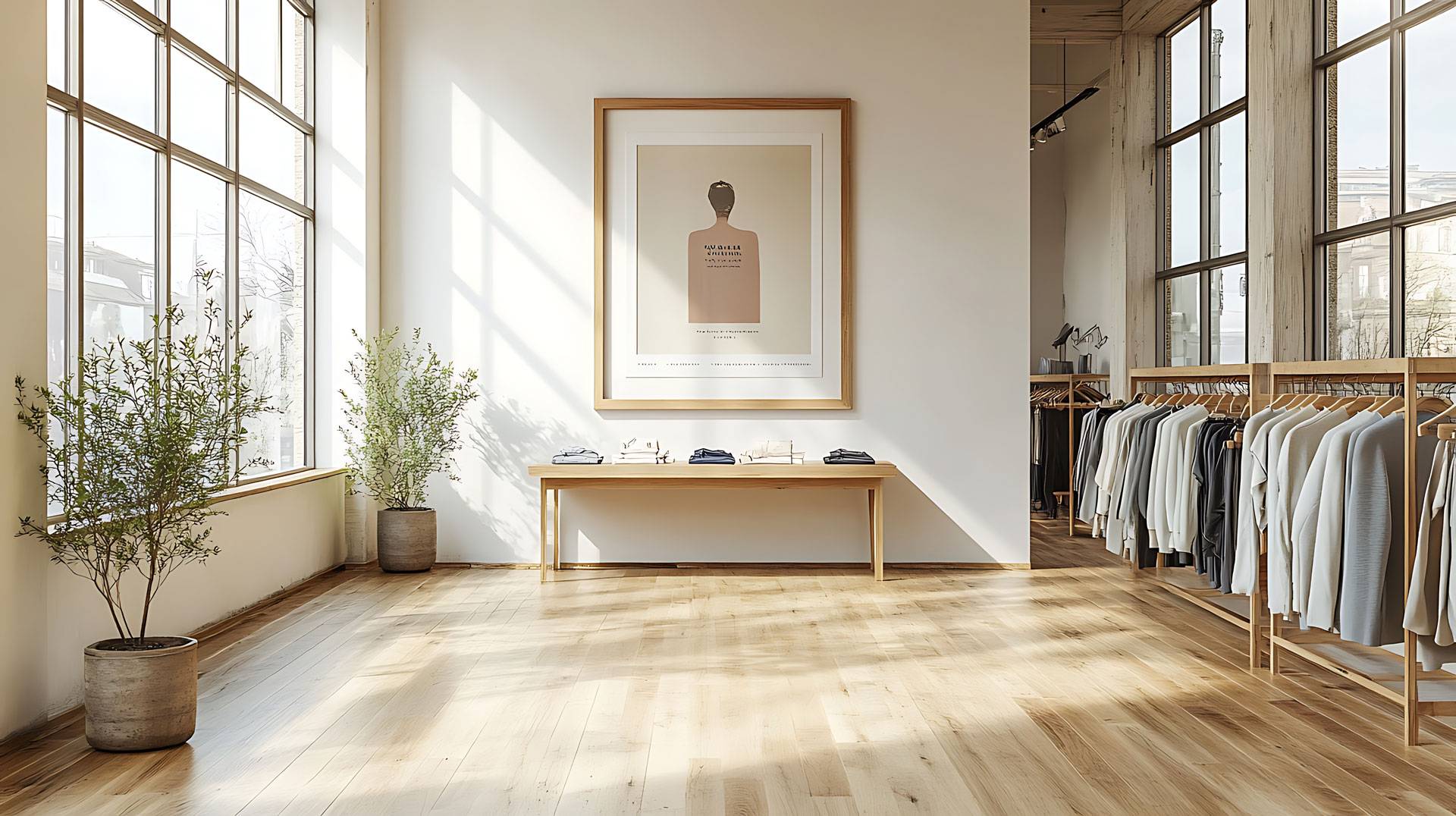 Intérieur d'une boutique de mode avec grandes fenêtres, portants en bois, vêtements neutres et décor minimaliste.