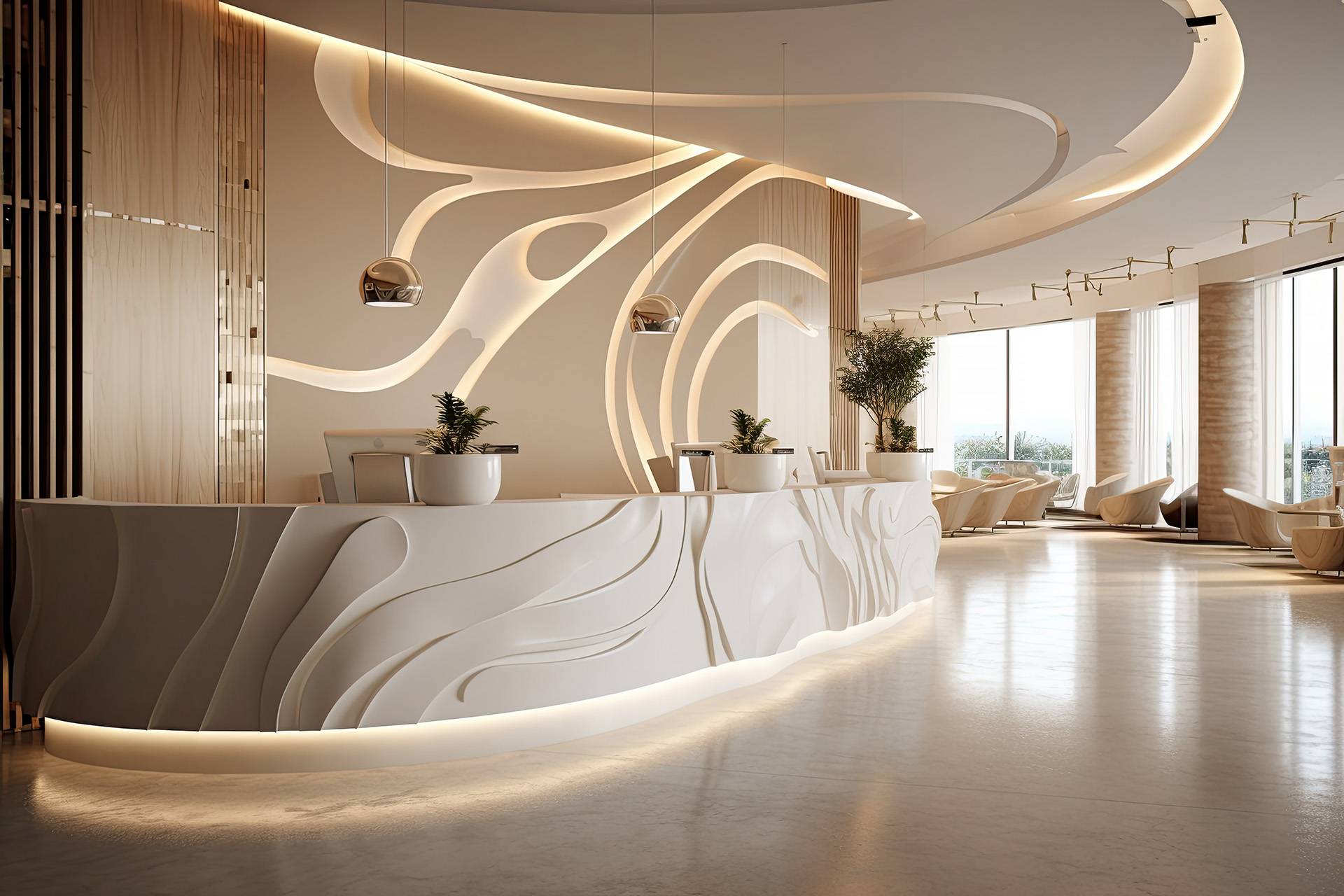 Hall d’hôtel luxueux avec comptoir design et éclairage élégant – Projet de rénovation par AJLP RENOV'