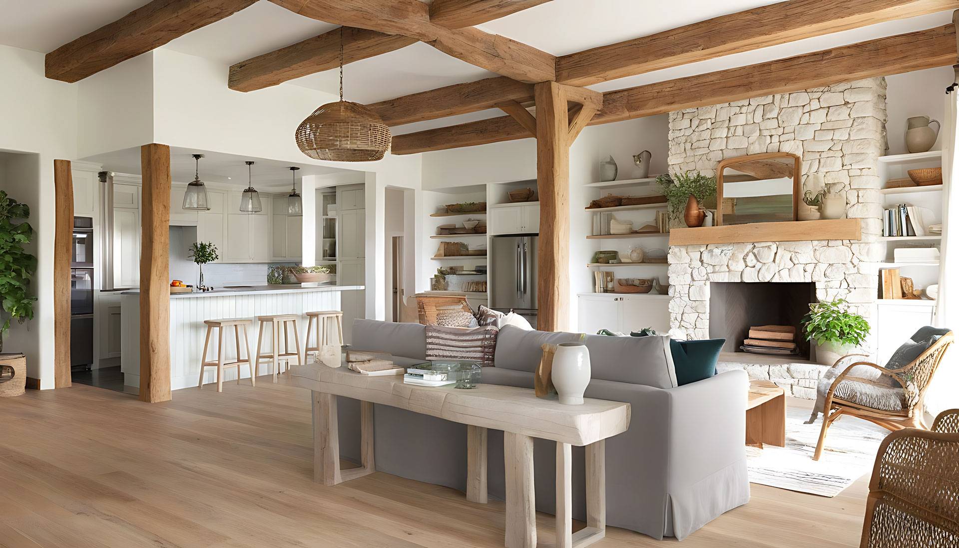 Salon et cuisine ouverts avec poutres en bois massif, cheminée en pierre blanche, canapé moderne et décoration chaleureuse dans un style rustique-chic.